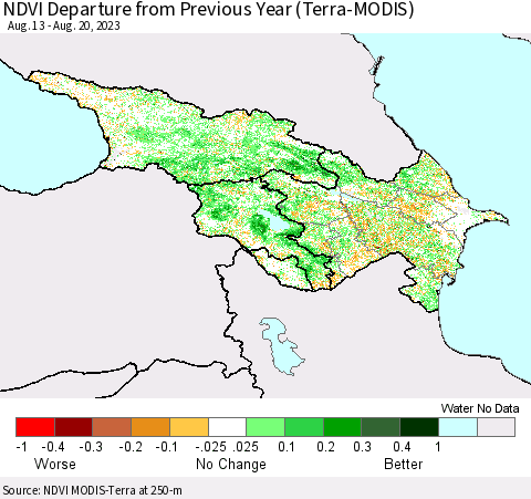 Azerbaijan, Armenia and Georgia NDVI Departure from Previous Year (Terra-MODIS) Thematic Map For 8/13/2023 - 8/20/2023