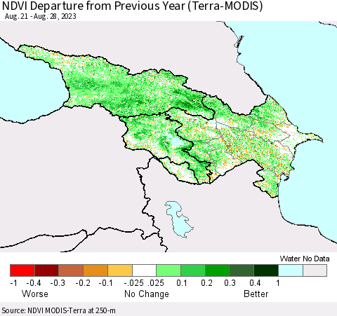 Azerbaijan, Armenia and Georgia NDVI Departure from Previous Year (Terra-MODIS) Thematic Map For 8/21/2023 - 8/28/2023