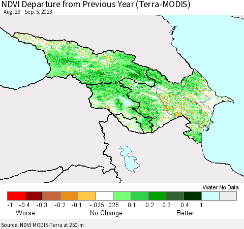 Azerbaijan, Armenia and Georgia NDVI Departure from Previous Year (Terra-MODIS) Thematic Map For 8/29/2023 - 9/5/2023