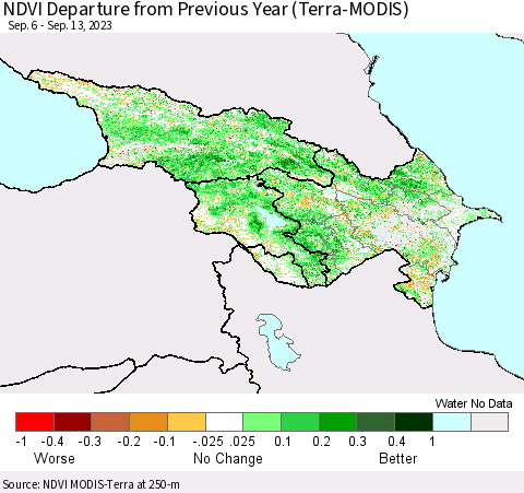 Azerbaijan, Armenia and Georgia NDVI Departure from Previous Year (Terra-MODIS) Thematic Map For 9/6/2023 - 9/13/2023