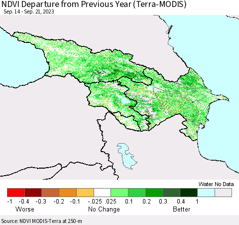 Azerbaijan, Armenia and Georgia NDVI Departure from Previous Year (Terra-MODIS) Thematic Map For 9/14/2023 - 9/21/2023