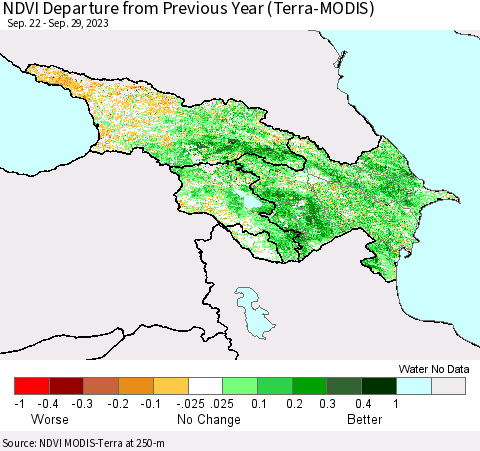 Azerbaijan, Armenia and Georgia NDVI Departure from Previous Year (Terra-MODIS) Thematic Map For 9/22/2023 - 9/29/2023