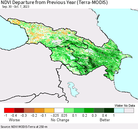 Azerbaijan, Armenia and Georgia NDVI Departure from Previous Year (Terra-MODIS) Thematic Map For 9/30/2023 - 10/7/2023