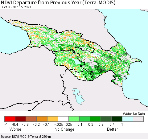 Azerbaijan, Armenia and Georgia NDVI Departure from Previous Year (Terra-MODIS) Thematic Map For 10/8/2023 - 10/15/2023