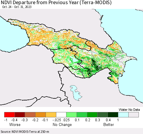 Azerbaijan, Armenia and Georgia NDVI Departure from Previous Year (Terra-MODIS) Thematic Map For 10/24/2023 - 10/31/2023