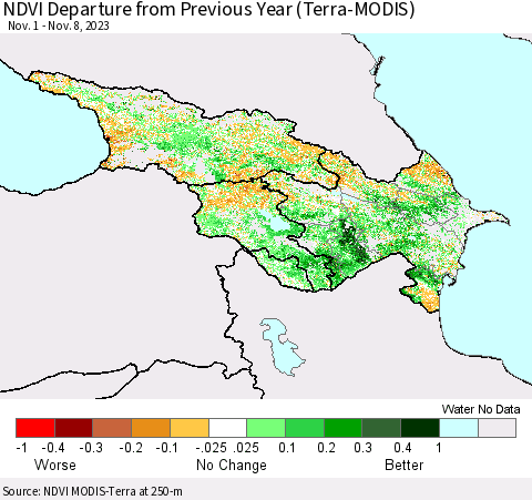 Azerbaijan, Armenia and Georgia NDVI Departure from Previous Year (Terra-MODIS) Thematic Map For 11/1/2023 - 11/8/2023