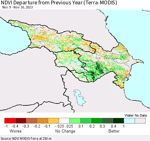 Azerbaijan, Armenia and Georgia NDVI Departure from Previous Year (Terra-MODIS) Thematic Map For 11/9/2023 - 11/16/2023