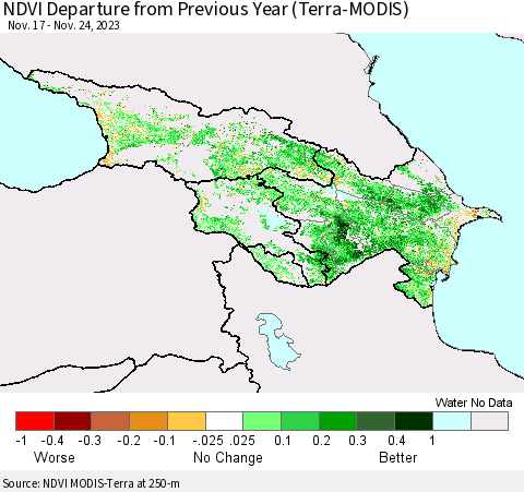 Azerbaijan, Armenia and Georgia NDVI Departure from Previous Year (Terra-MODIS) Thematic Map For 11/17/2023 - 11/24/2023