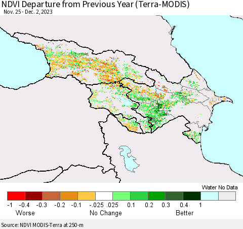 Azerbaijan, Armenia and Georgia NDVI Departure from Previous Year (Terra-MODIS) Thematic Map For 11/25/2023 - 12/2/2023