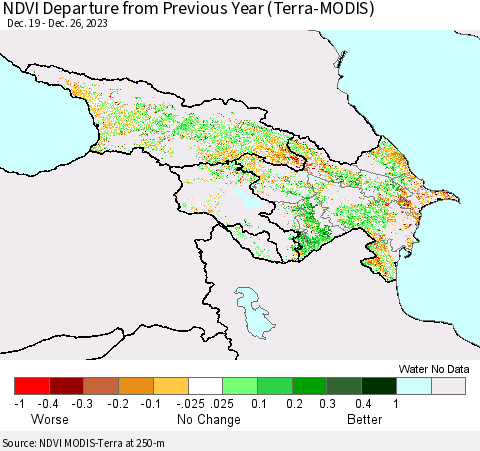 Azerbaijan, Armenia and Georgia NDVI Departure from Previous Year (Terra-MODIS) Thematic Map For 12/19/2023 - 12/26/2023