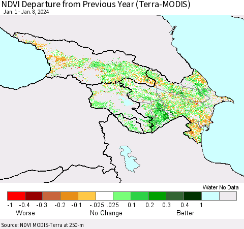 Azerbaijan, Armenia and Georgia NDVI Departure from Previous Year (Terra-MODIS) Thematic Map For 1/1/2024 - 1/8/2024
