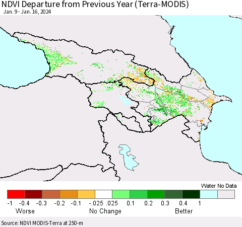 Azerbaijan, Armenia and Georgia NDVI Departure from Previous Year (Terra-MODIS) Thematic Map For 1/9/2024 - 1/16/2024