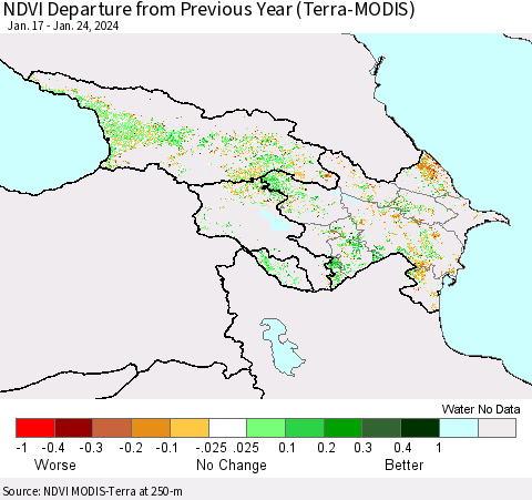 Azerbaijan, Armenia and Georgia NDVI Departure from Previous Year (Terra-MODIS) Thematic Map For 1/17/2024 - 1/24/2024