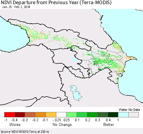 Azerbaijan, Armenia and Georgia NDVI Departure from Previous Year (Terra-MODIS) Thematic Map For 1/25/2024 - 2/1/2024