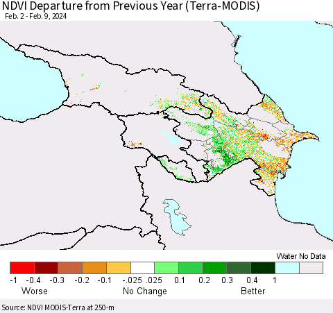 Azerbaijan, Armenia and Georgia NDVI Departure from Previous Year (Terra-MODIS) Thematic Map For 2/2/2024 - 2/9/2024