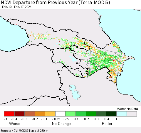 Azerbaijan, Armenia and Georgia NDVI Departure from Previous Year (Terra-MODIS) Thematic Map For 2/10/2024 - 2/17/2024