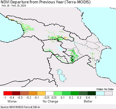 Azerbaijan, Armenia and Georgia NDVI Departure from Previous Year (Terra-MODIS) Thematic Map For 2/18/2024 - 2/25/2024
