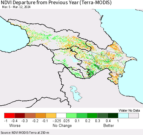 Azerbaijan, Armenia and Georgia NDVI Departure from Previous Year (Terra-MODIS) Thematic Map For 3/5/2024 - 3/12/2024