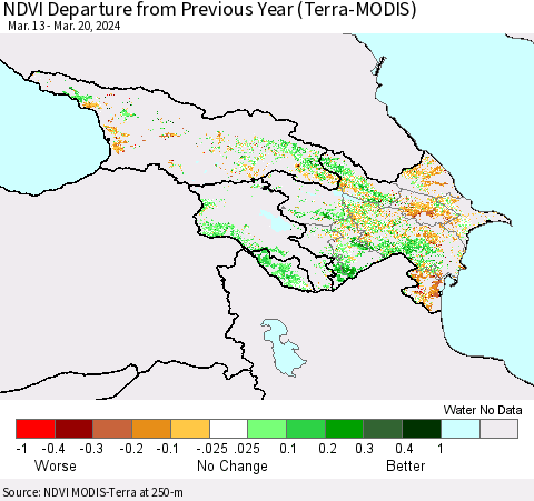 Azerbaijan, Armenia and Georgia NDVI Departure from Previous Year (Terra-MODIS) Thematic Map For 3/13/2024 - 3/20/2024