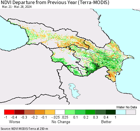 Azerbaijan, Armenia and Georgia NDVI Departure from Previous Year (Terra-MODIS) Thematic Map For 3/21/2024 - 3/28/2024