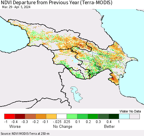 Azerbaijan, Armenia and Georgia NDVI Departure from Previous Year (Terra-MODIS) Thematic Map For 3/29/2024 - 4/5/2024