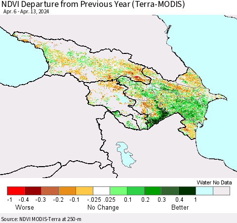 Azerbaijan, Armenia and Georgia NDVI Departure from Previous Year (Terra-MODIS) Thematic Map For 4/6/2024 - 4/13/2024
