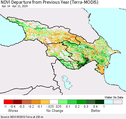 Azerbaijan, Armenia and Georgia NDVI Departure from Previous Year (Terra-MODIS) Thematic Map For 4/14/2024 - 4/21/2024