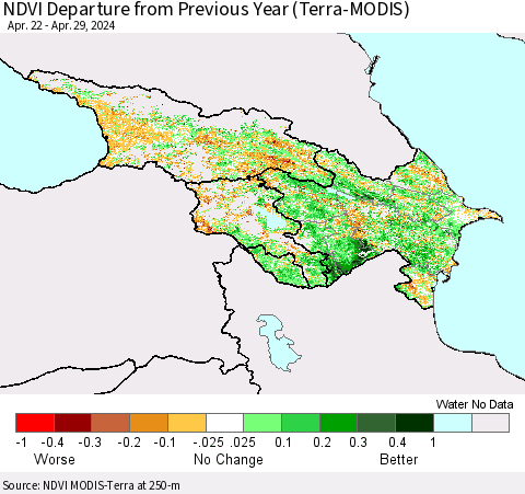 Azerbaijan, Armenia and Georgia NDVI Departure from Previous Year (Terra-MODIS) Thematic Map For 4/22/2024 - 4/29/2024