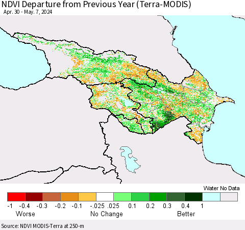 Azerbaijan, Armenia and Georgia NDVI Departure from Previous Year (Terra-MODIS) Thematic Map For 4/30/2024 - 5/7/2024