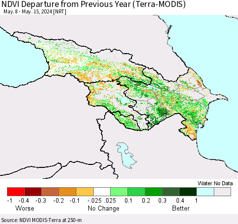Azerbaijan, Armenia and Georgia NDVI Departure from Previous Year (Terra-MODIS) Thematic Map For 5/8/2024 - 5/15/2024