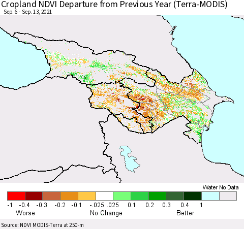 Azerbaijan, Armenia and Georgia Cropland NDVI Departure from Previous Year (Terra-MODIS) Thematic Map For 9/6/2021 - 9/13/2021