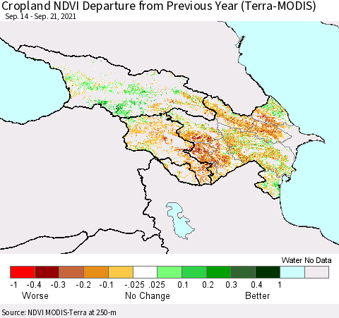 Azerbaijan, Armenia and Georgia Cropland NDVI Departure from Previous Year (Terra-MODIS) Thematic Map For 9/14/2021 - 9/21/2021