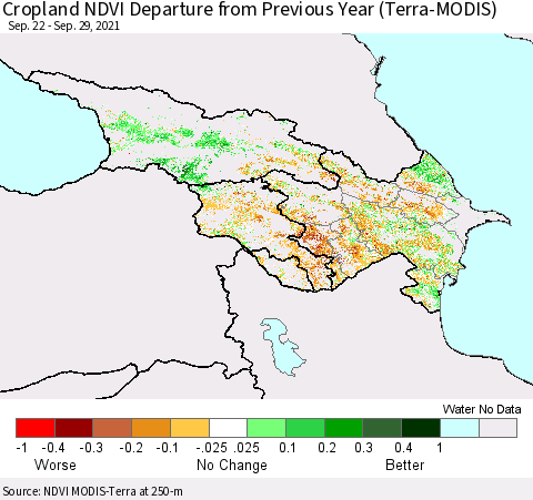 Azerbaijan, Armenia and Georgia Cropland NDVI Departure from Previous Year (Terra-MODIS) Thematic Map For 9/22/2021 - 9/29/2021