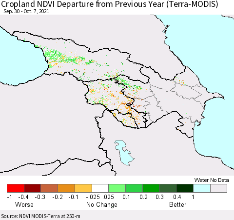 Azerbaijan, Armenia and Georgia Cropland NDVI Departure from Previous Year (Terra-MODIS) Thematic Map For 9/30/2021 - 10/7/2021