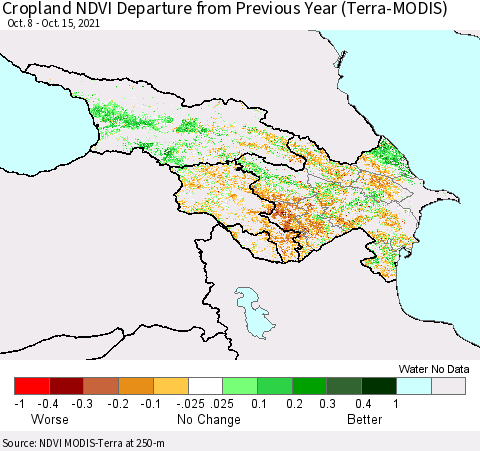 Azerbaijan, Armenia and Georgia Cropland NDVI Departure from Previous Year (Terra-MODIS) Thematic Map For 10/8/2021 - 10/15/2021