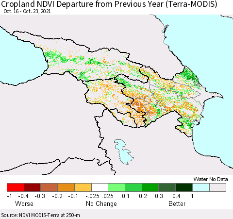Azerbaijan, Armenia and Georgia Cropland NDVI Departure from Previous Year (Terra-MODIS) Thematic Map For 10/16/2021 - 10/23/2021