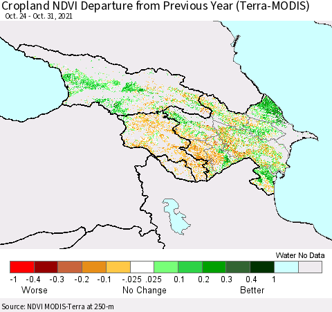 Azerbaijan, Armenia and Georgia Cropland NDVI Departure from Previous Year (Terra-MODIS) Thematic Map For 10/24/2021 - 10/31/2021