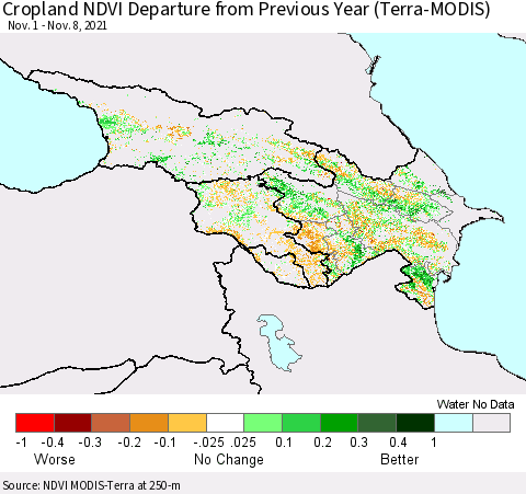 Azerbaijan, Armenia and Georgia Cropland NDVI Departure from Previous Year (Terra-MODIS) Thematic Map For 11/1/2021 - 11/8/2021