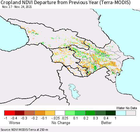 Azerbaijan, Armenia and Georgia Cropland NDVI Departure from Previous Year (Terra-MODIS) Thematic Map For 11/17/2021 - 11/24/2021