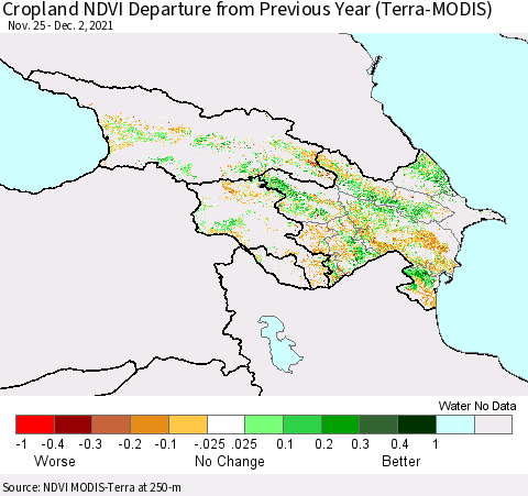 Azerbaijan, Armenia and Georgia Cropland NDVI Departure from Previous Year (Terra-MODIS) Thematic Map For 11/25/2021 - 12/2/2021