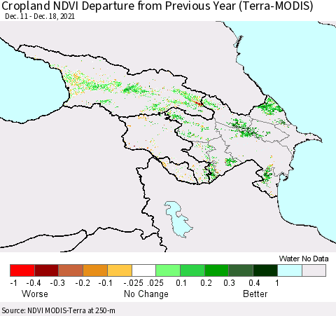 Azerbaijan, Armenia and Georgia Cropland NDVI Departure from Previous Year (Terra-MODIS) Thematic Map For 12/11/2021 - 12/18/2021