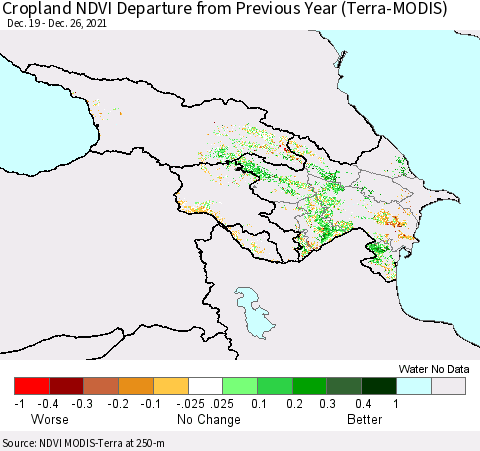 Azerbaijan, Armenia and Georgia Cropland NDVI Departure from Previous Year (Terra-MODIS) Thematic Map For 12/19/2021 - 12/26/2021