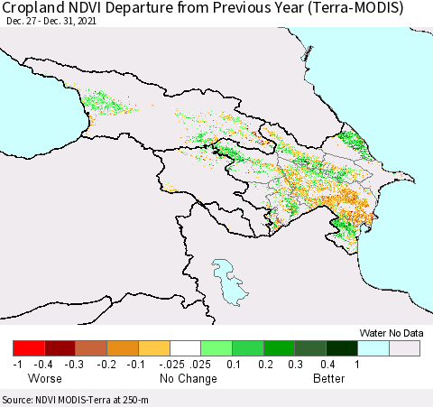 Azerbaijan, Armenia and Georgia Cropland NDVI Departure from Previous Year (Terra-MODIS) Thematic Map For 12/26/2021 - 1/2/2022