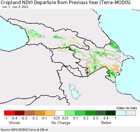 Azerbaijan, Armenia and Georgia Cropland NDVI Departure from Previous Year (Terra-MODIS) Thematic Map For 1/1/2022 - 1/8/2022