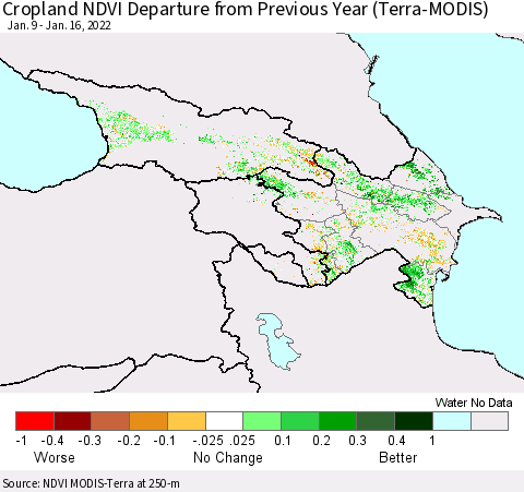 Azerbaijan, Armenia and Georgia Cropland NDVI Departure from Previous Year (Terra-MODIS) Thematic Map For 1/9/2022 - 1/16/2022