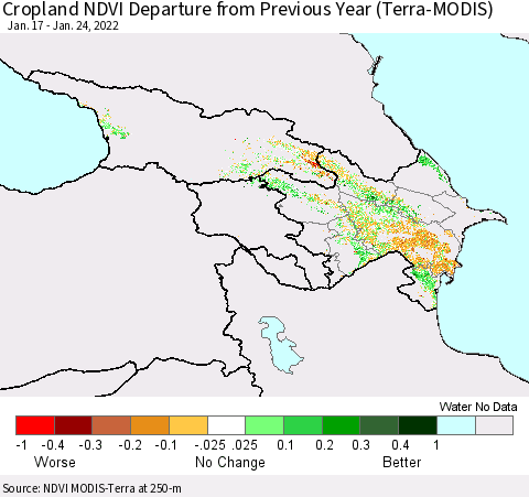 Azerbaijan, Armenia and Georgia Cropland NDVI Departure from Previous Year (Terra-MODIS) Thematic Map For 1/17/2022 - 1/24/2022