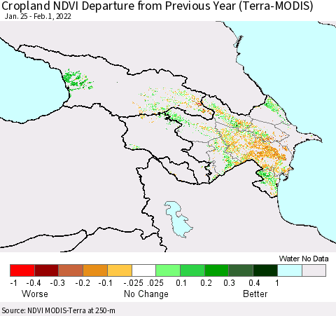 Azerbaijan, Armenia and Georgia Cropland NDVI Departure from Previous Year (Terra-MODIS) Thematic Map For 1/25/2022 - 2/1/2022