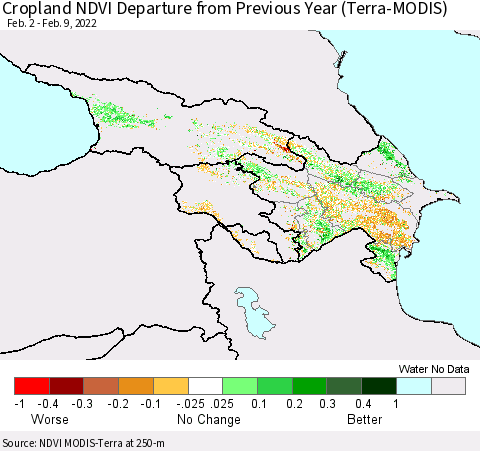 Azerbaijan, Armenia and Georgia Cropland NDVI Departure from Previous Year (Terra-MODIS) Thematic Map For 2/2/2022 - 2/9/2022