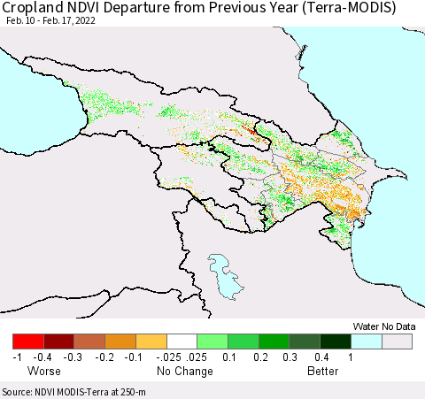 Azerbaijan, Armenia and Georgia Cropland NDVI Departure from Previous Year (Terra-MODIS) Thematic Map For 2/10/2022 - 2/17/2022
