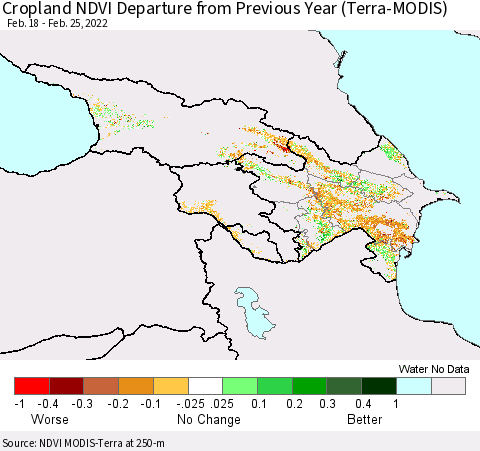 Azerbaijan, Armenia and Georgia Cropland NDVI Departure from Previous Year (Terra-MODIS) Thematic Map For 2/18/2022 - 2/25/2022
